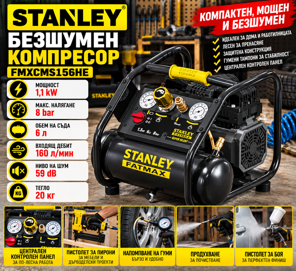 Безшумен компресор Stanley FMXCMS156HE 6л