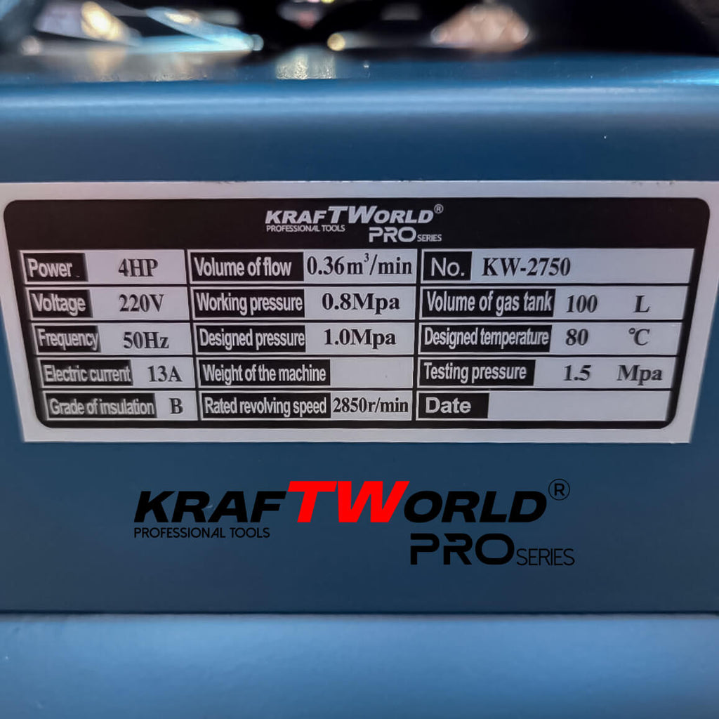 Професионален компресор за въздух KraftWorld Pro 100 литра, ремъчно задвижване – снимка 2