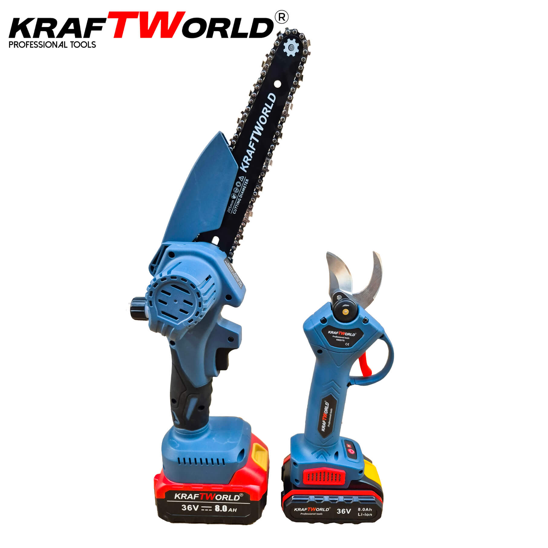 Комплект: Мини Резачка и Лозарска Ножица KraftWorld 36V 8A с 4бр батерии