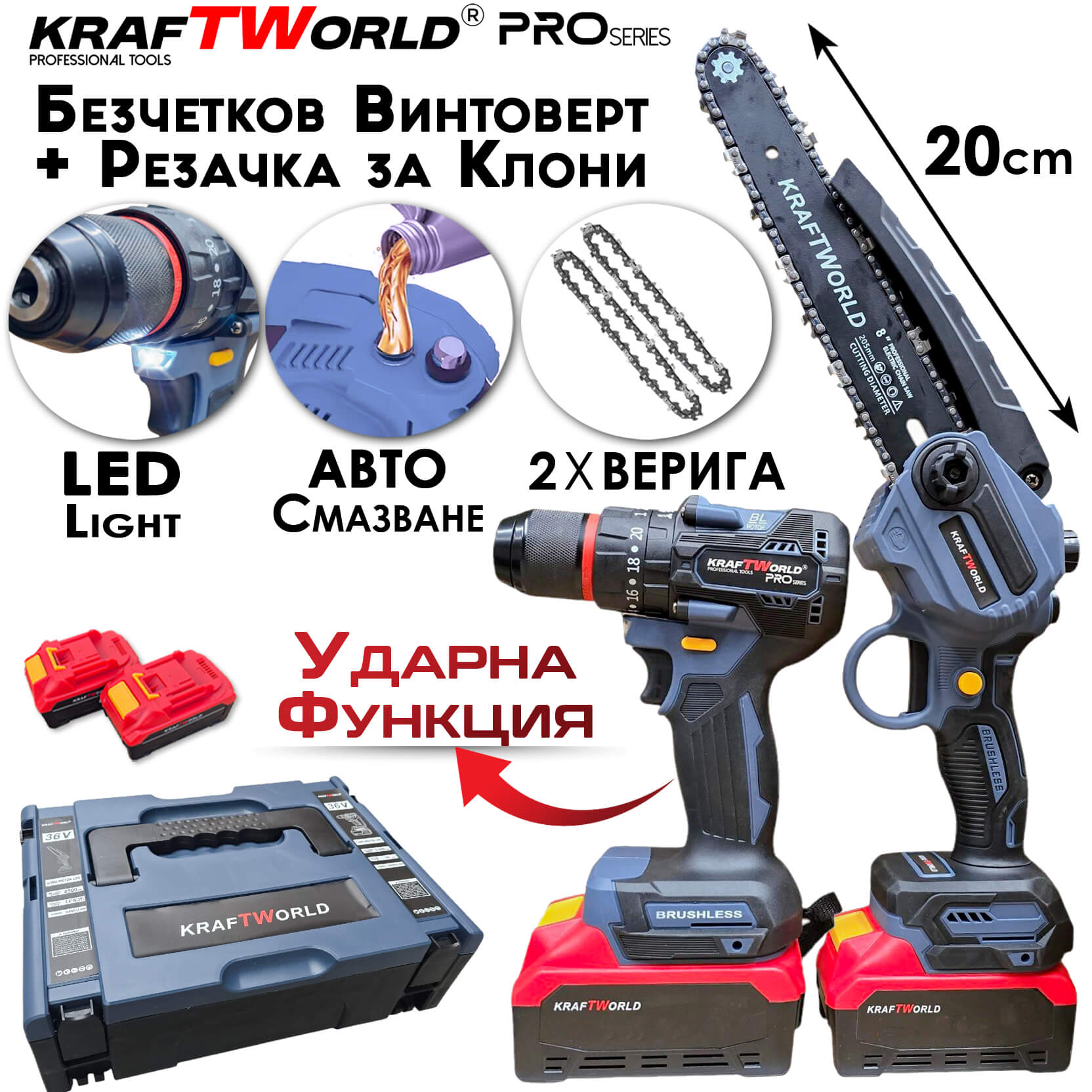 KraftWorld 2в1 Акумулаторен Комплект – Ударен Винтоверт и Мини Резачка с 2 Батерии