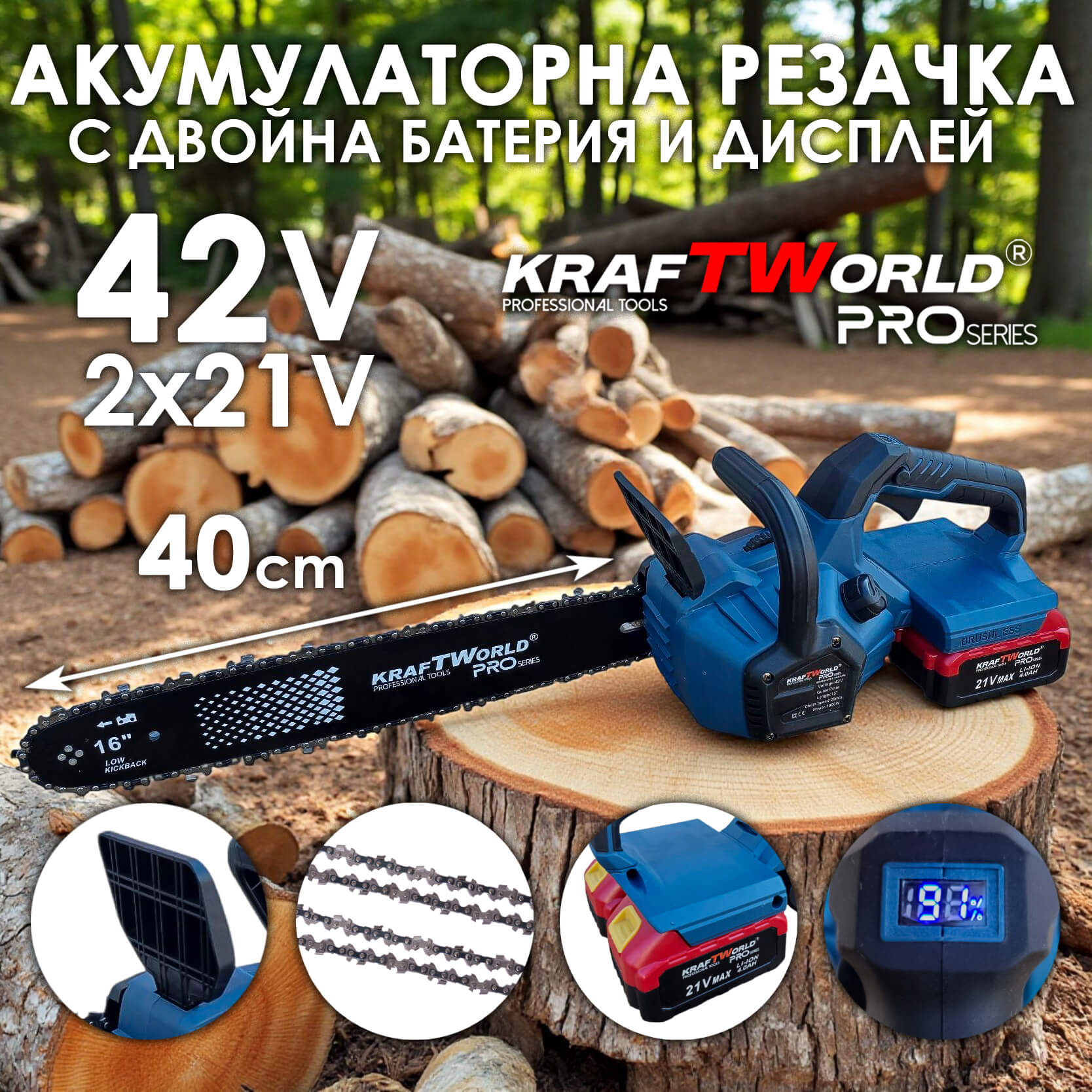 KraftWorld PRO Безчеткова Резачка 42V с Двойна батерия и Допълнителна Спирачка и 2×4Ah Батерии