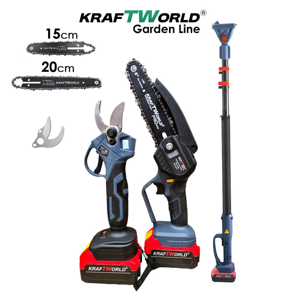 Акумулаторен Комплект 3в1 KraftWorld – Резачка 15 и 20см , Ножица и Телескопичен Прът 2,5м