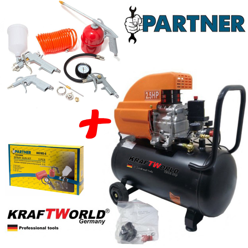 Компресор за Въздух 50л + Пневматични Инструменти 5ч KRAFT WORLD