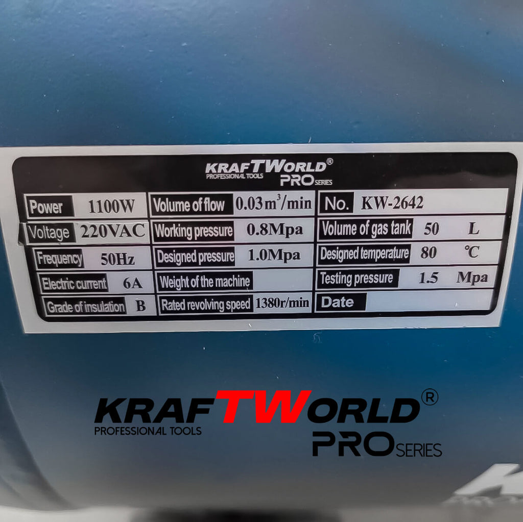 Тих Безмаслен компресор за въздух Kraftworld Pro 50L | 1100W | 0.8MPa – снимка 2