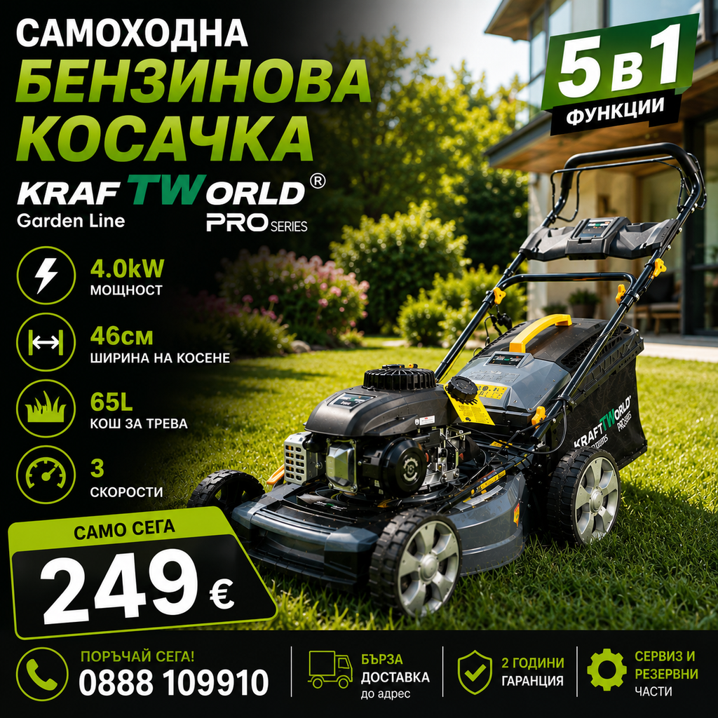 Самоходна бензинова косачка KraftWorld 5в1 с мулчиране и кош 65L