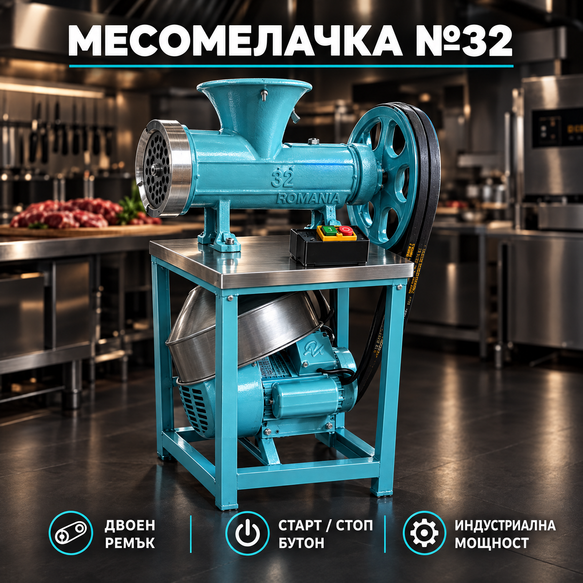Електрическа месомелачка  с двоен ремък, START/STOP бутон, метална конструкция и мощен електродвигател
