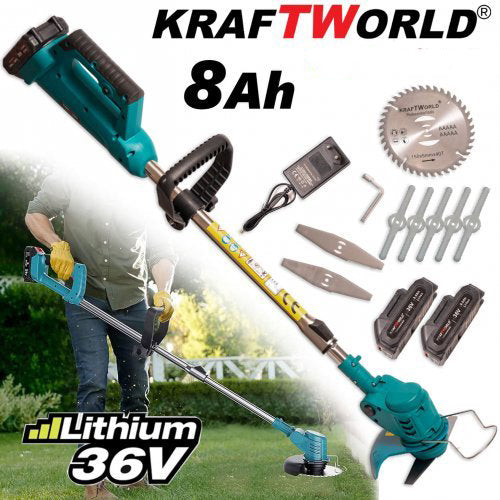 Акумулаторен тример за трева 36V 8A KraftWorld с 2бр батерия и зарядно