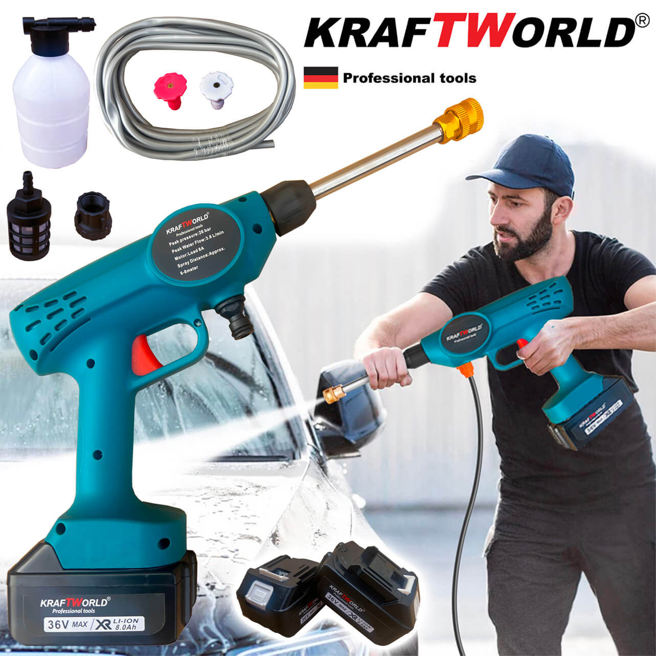 Акумулаторна Водоструйка KraftWorld 36V, 26 бара, с контейнер за препарат