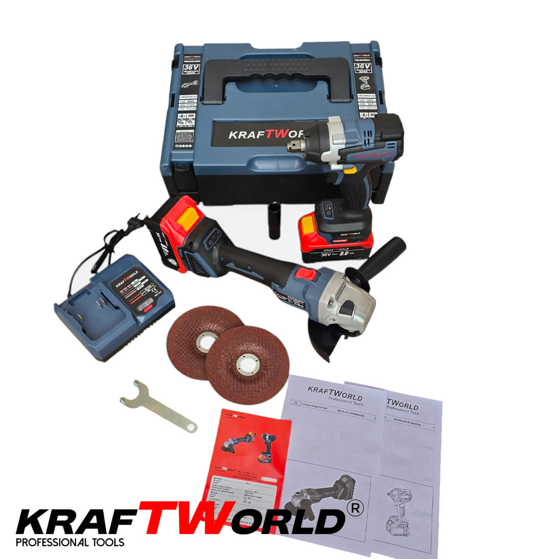 Комплект Акумулаторен Гайковерт и Ъглошлайф125мм Kraftworld – снимка 4