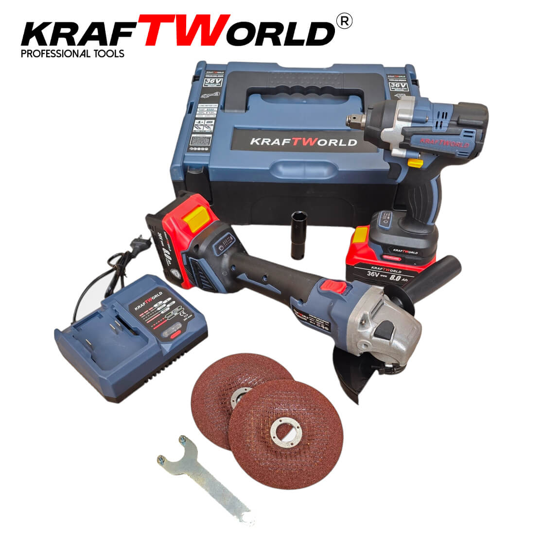 Комплект Акумулаторен Гайковерт и Ъглошлайф125мм Kraftworld – снимка 2