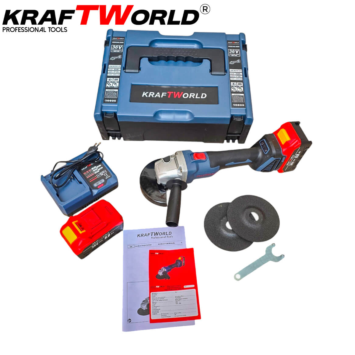 Професионален Акумулаторен Ъглошлайф Kraftworld 36V 8А – снимка 10