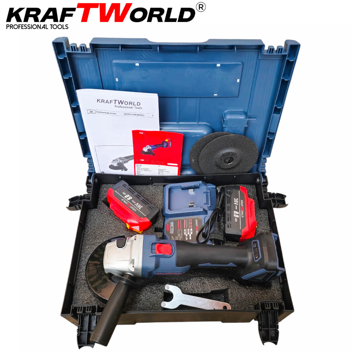 Професионален Акумулаторен Ъглошлайф Kraftworld 36V 8А – снимка 9