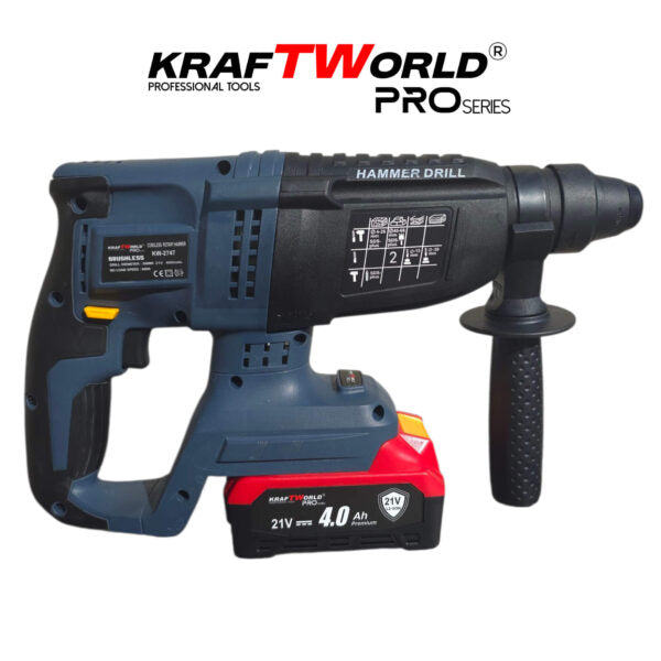 Перфоратор Kraftworld Pro Brushless – акумулаторен 21V с куфар, зарядно и 2 батерии – снимка 2