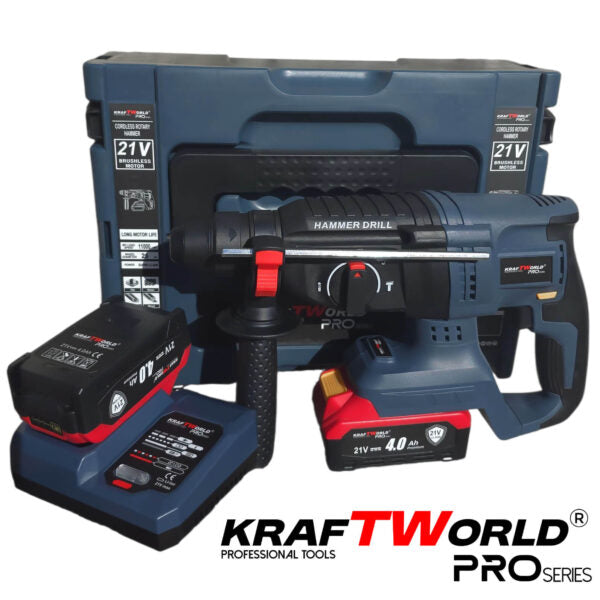 Перфоратор Kraftworld Pro Brushless – акумулаторен 21V с куфар, зарядно и 2 батерии