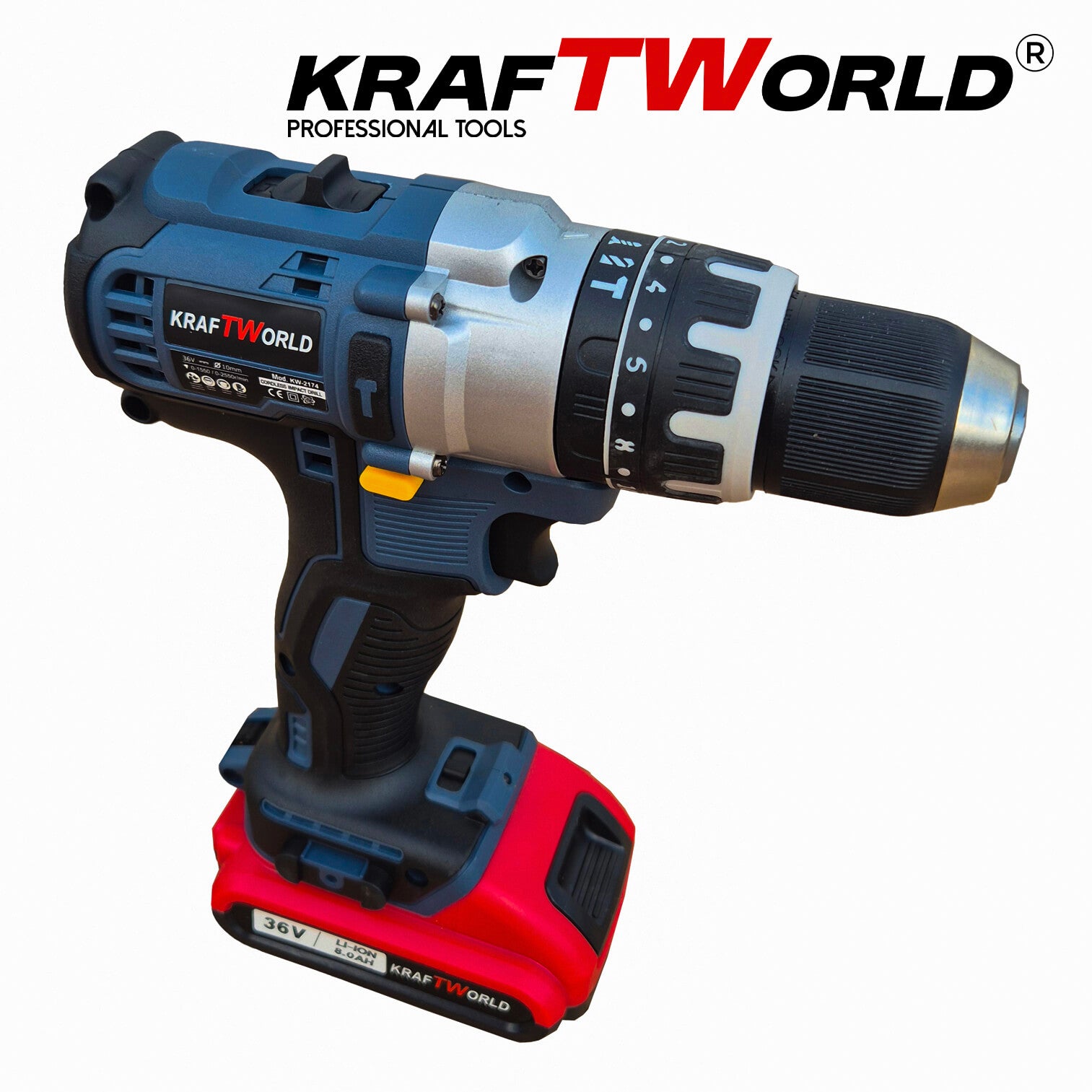 Акумулаторен Безчетков Ударен Винтоверт KraftWorld 36V с 2 Батерии 8А и 111 частиКомплект Инструменти в Куфар – снимка 3