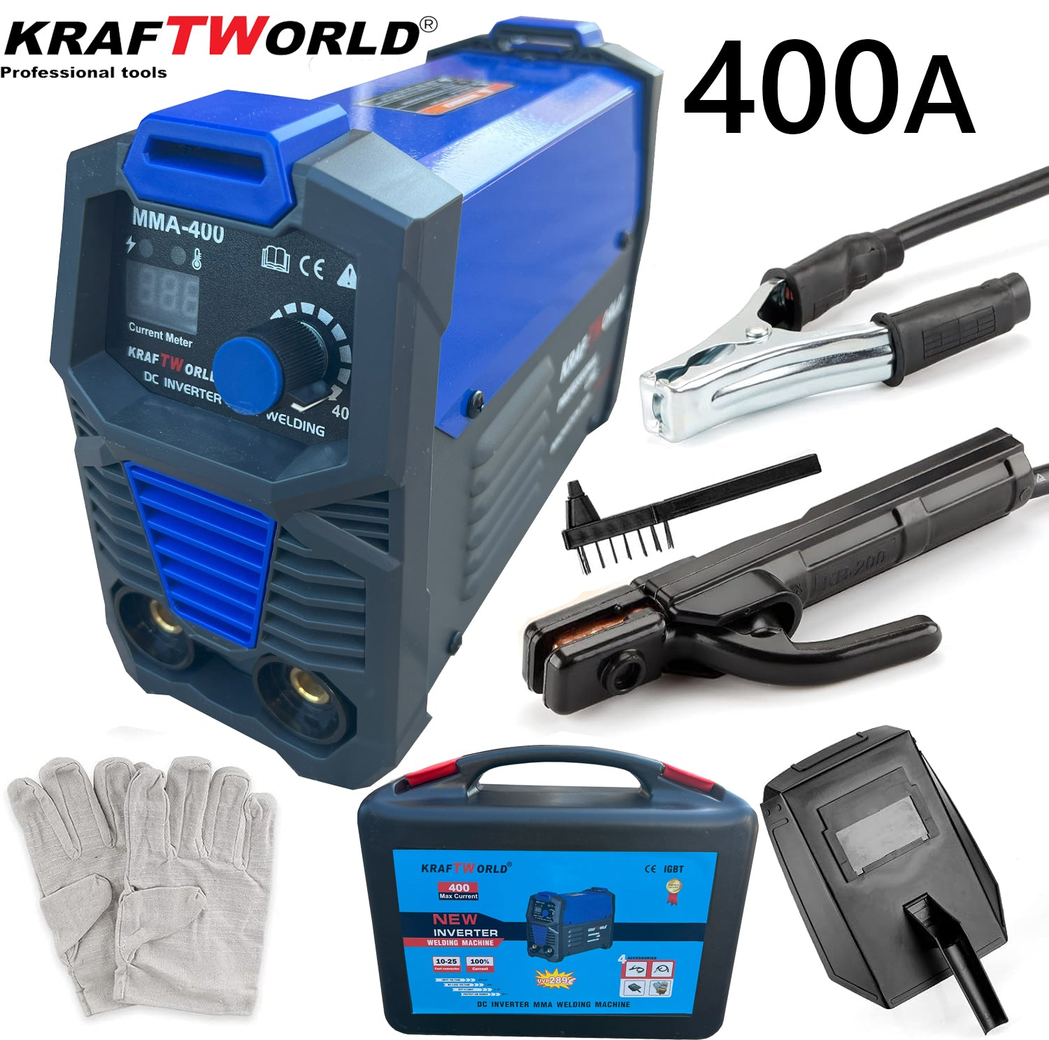 Инверторен Електрожен 400А KraftWorld с Дисплей и Куфар + Подаръци