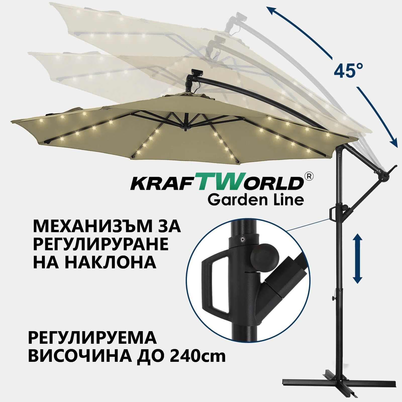 Луксозен чадър за градина Monaco | Висящ модел 3×3 м | Бежов | LED осветление | KraftWorld – снимка 4