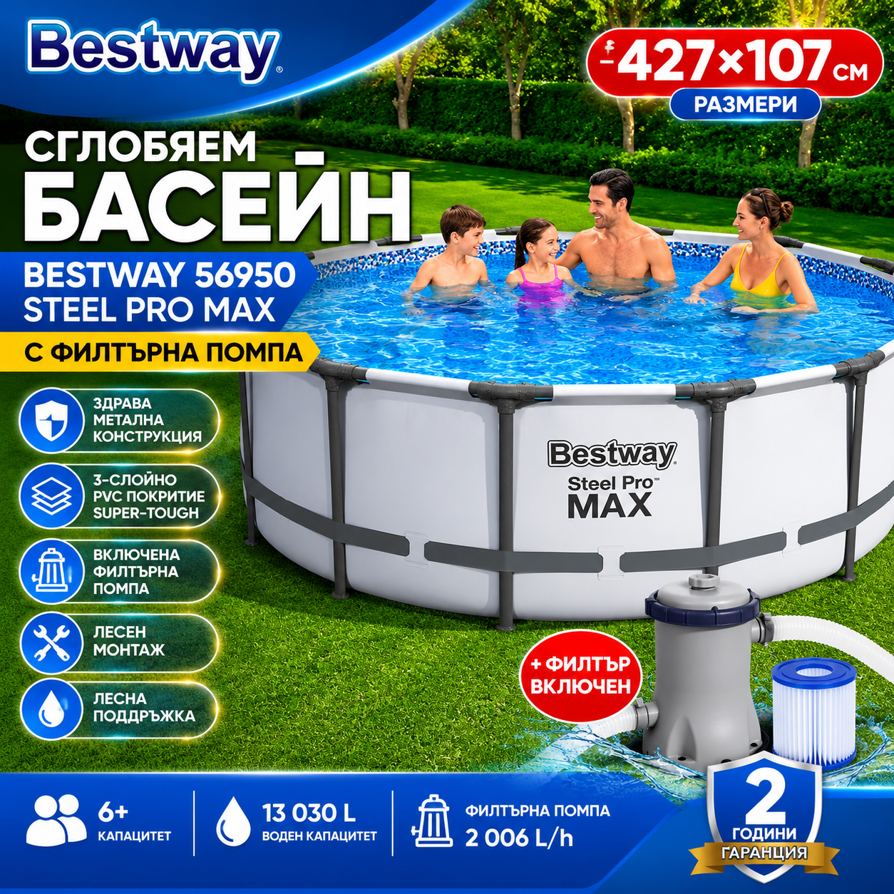Сглобяем Басейн Bestway 56950 Steel Pro Max с филтърна помпа 427×107см