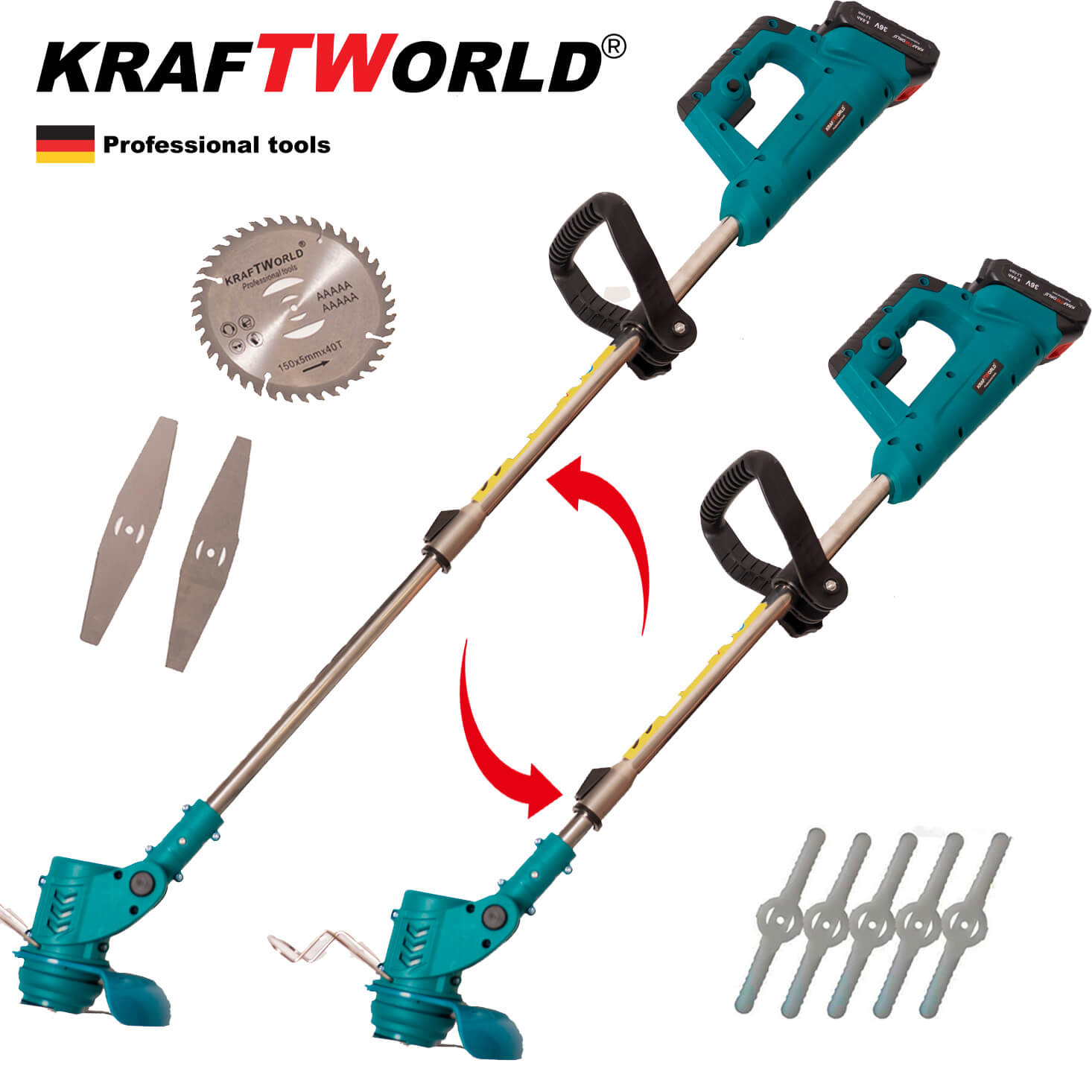 Акумулаторен тример за трева 36V 8A KraftWorld с 2бр батерия и зарядно – снимка 3