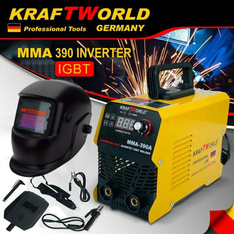 Немски Електрожен KraftWоrld 390A Инверторен + Соларна Маска за заваряване + Подарък Ръкавици