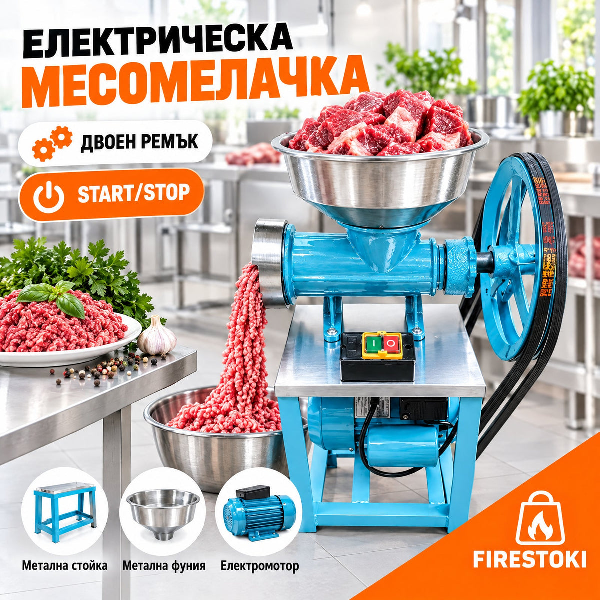 Електрическа месомелачка с двоен ремък и START/STOP бутон