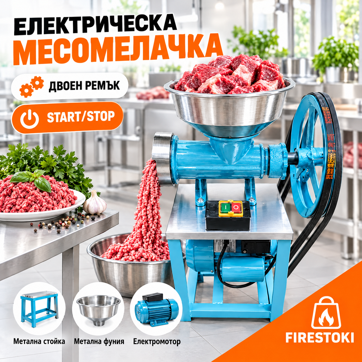 Електрическа месомелачка с двоен ремък и START/STOP бутон