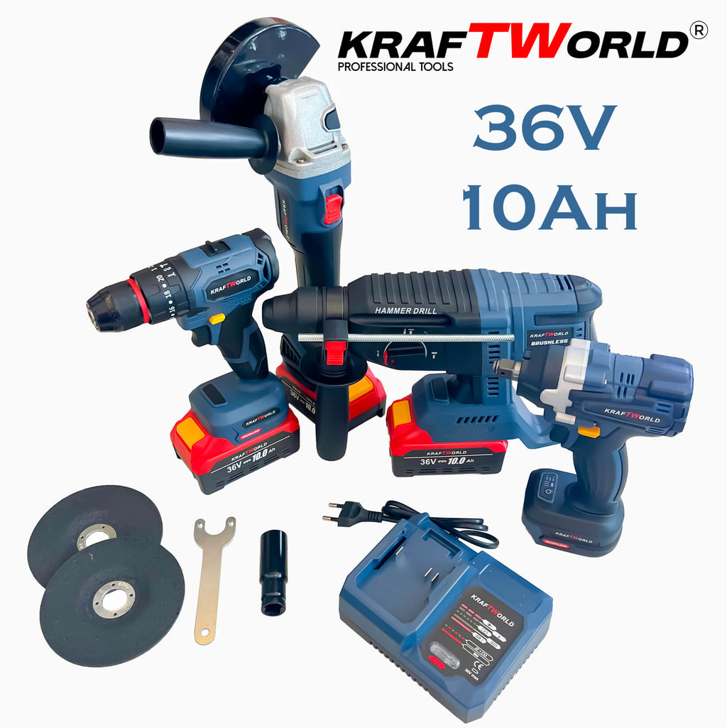 Комплект Акумулаторни Безчеткови Машини 4в1 PowerMax от Kraftworld 36V 10Ah Ъглошлайф,Гайковерт,Винтоверт и Перфоратор – сним
