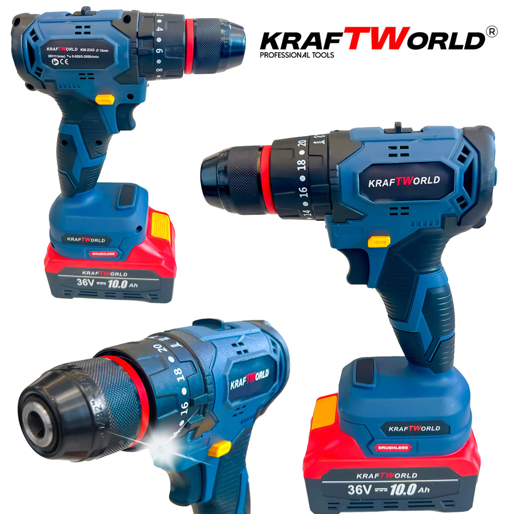 Комплект Акумулаторни Безчеткови Машини 4в1 PowerMax от Kraftworld 36V 10Ah Ъглошлайф,Гайковерт,Винтоверт и Перфоратор – сним