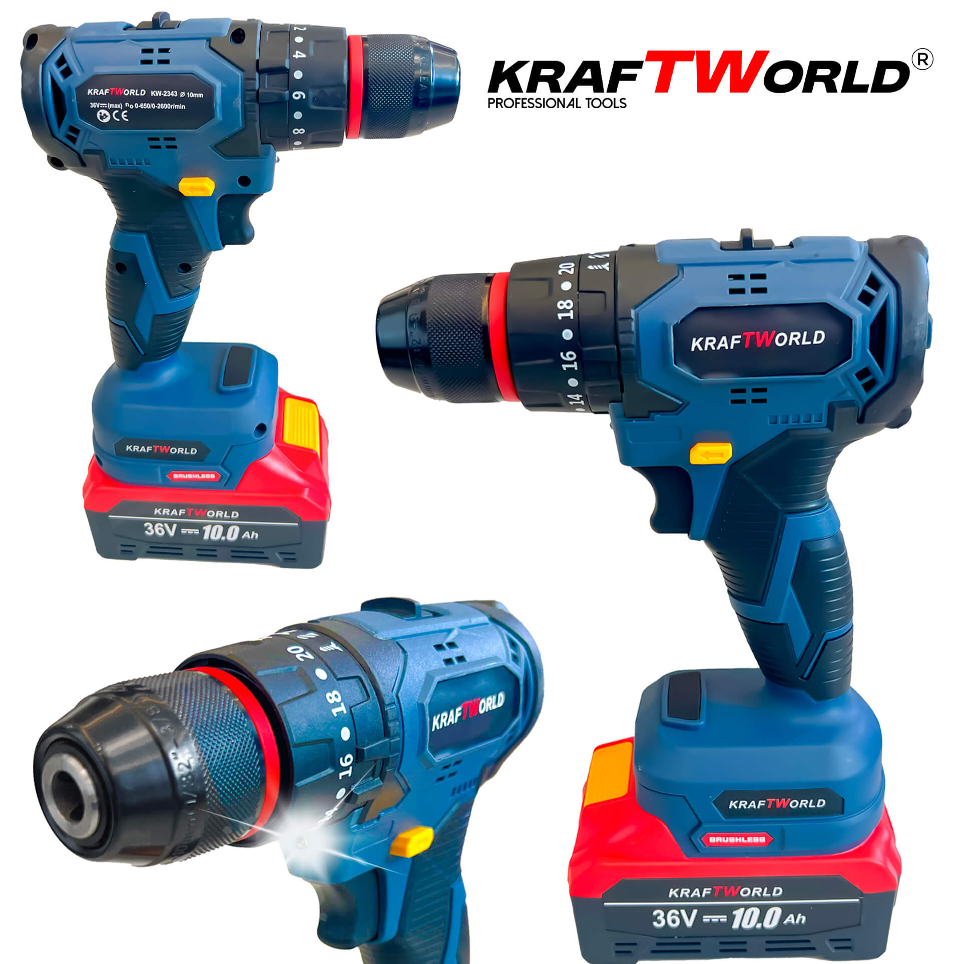 Комплект Акумулаторни Безчеткови Машини 4в1 PowerMax от Kraftworld 36V 10Ah Ъглошлайф,Гайковерт,Винтоверт и Перфоратор – сним