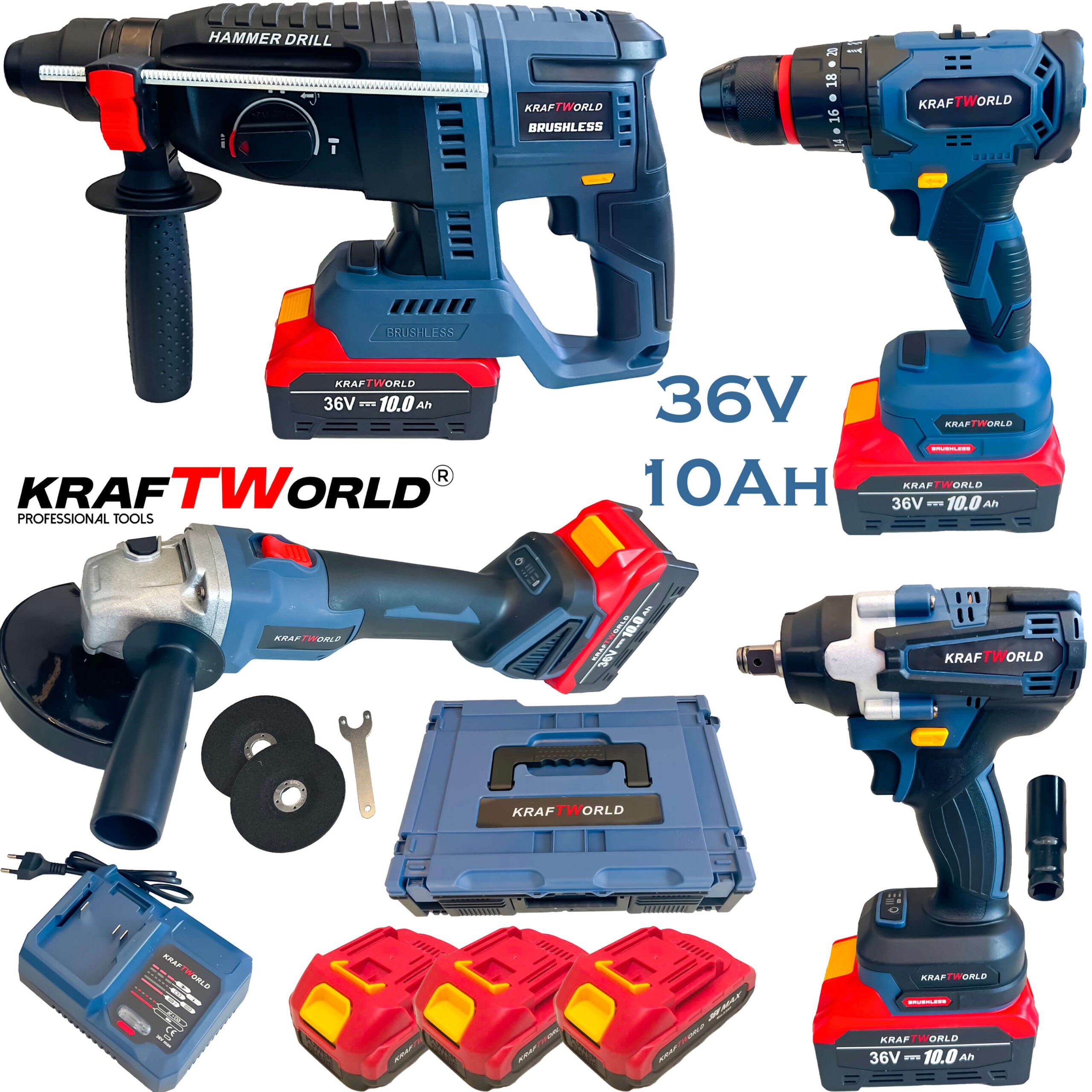 Комплект Акумулаторни Безчеткови Машини 4в1 PowerMax от Kraftworld 36V 10Ah Ъглошлайф,Гайковерт,Винтоверт и Перфоратор