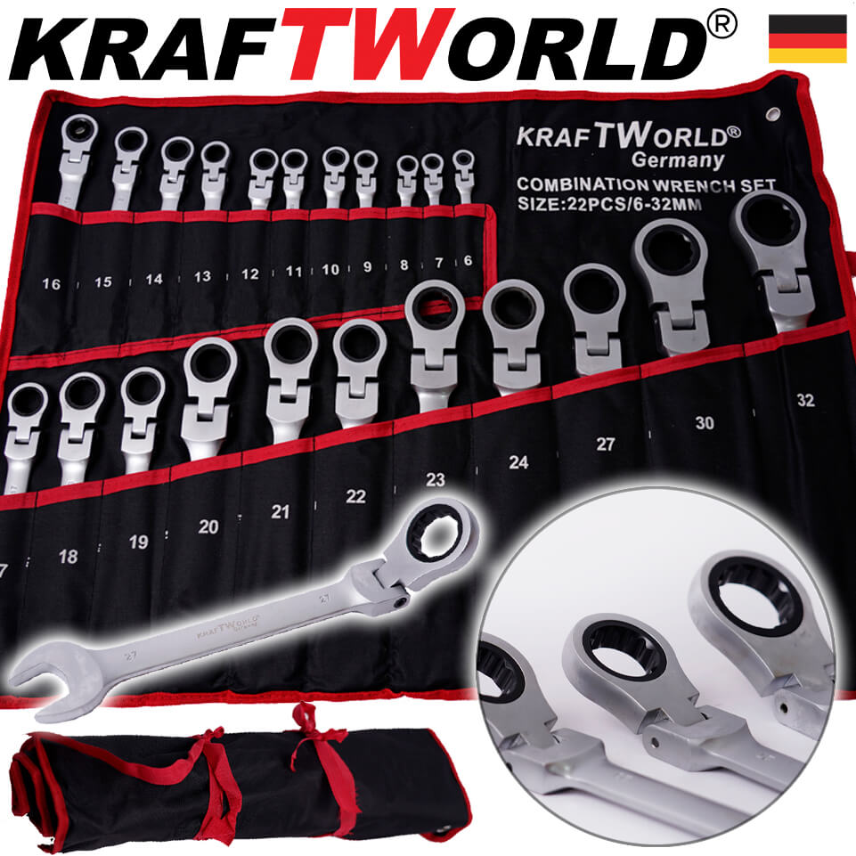 ПЪЛЕН КОМПЛЕКТ Немски Тресчотни ключове 22 части KraftWorld 6-32мм с чупещо рамо