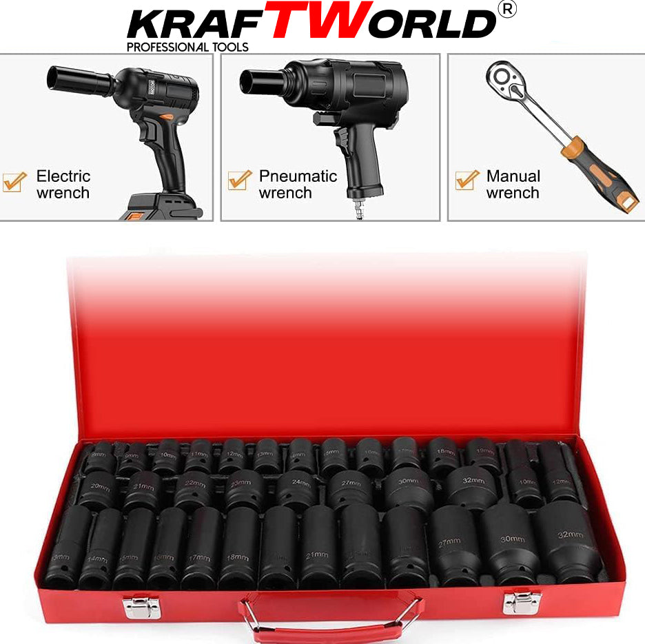 Комплект ударни вложки 35 части KraftWorld – 1/2″, 8–32 мм, шестостенни – снимка 2