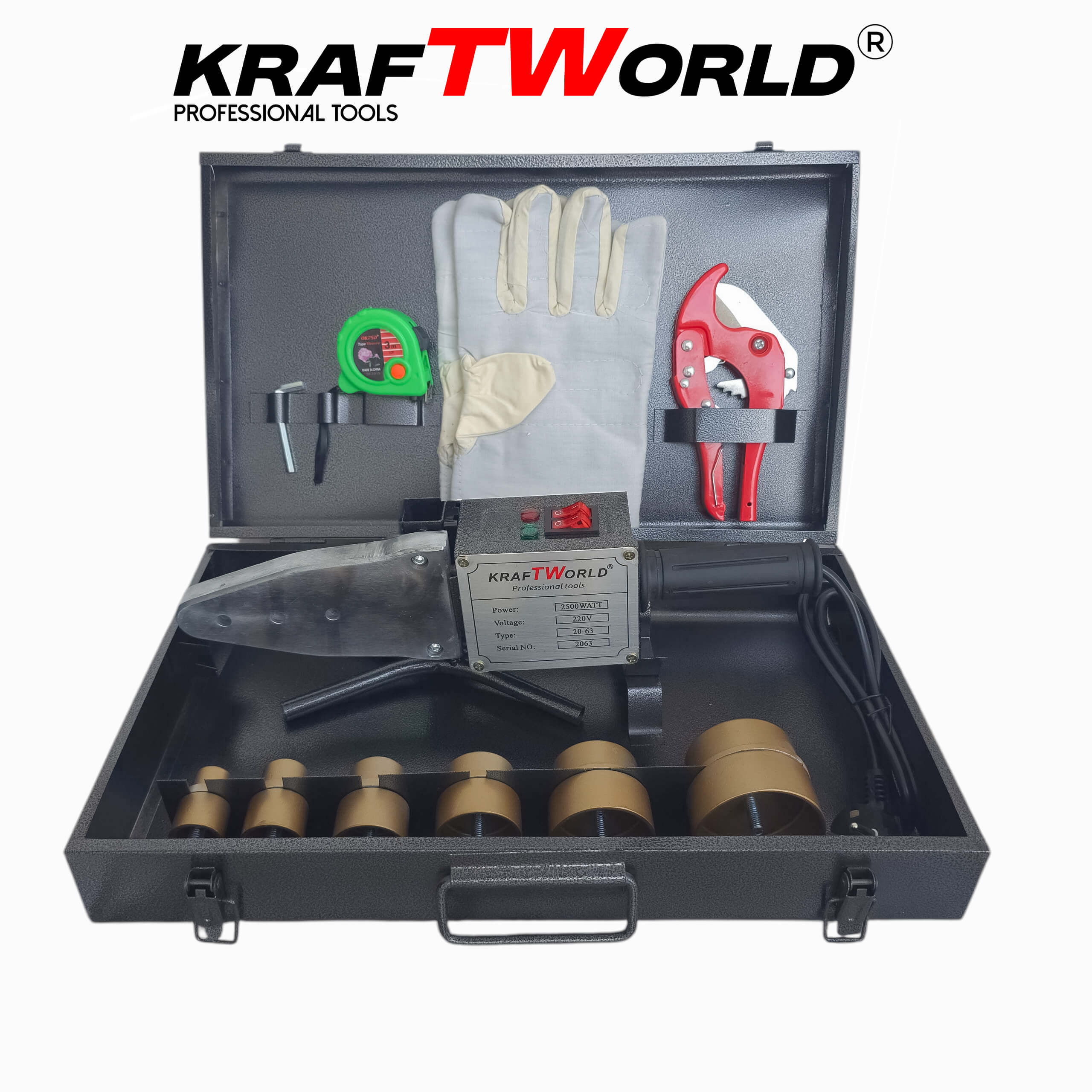 Лепачка KraftWorld 2500W за PPR тръби | Ф20–63 мм + Ножица и аксесоари в метален куфар – снимка 5