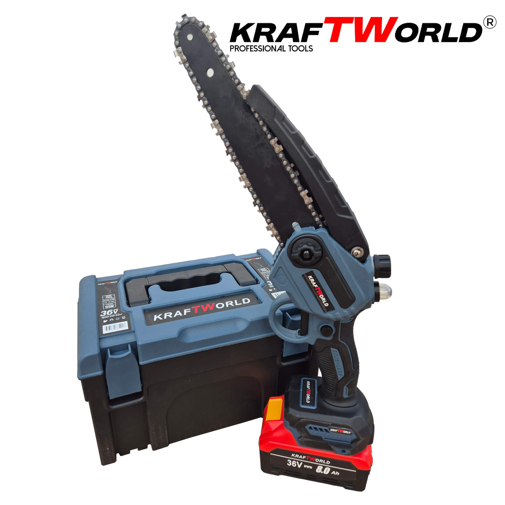 Резачка за Клони KraftWorld с 2 Батерии 36V 8А с Автоматично Омасляване и Две Вериги – снимка 2