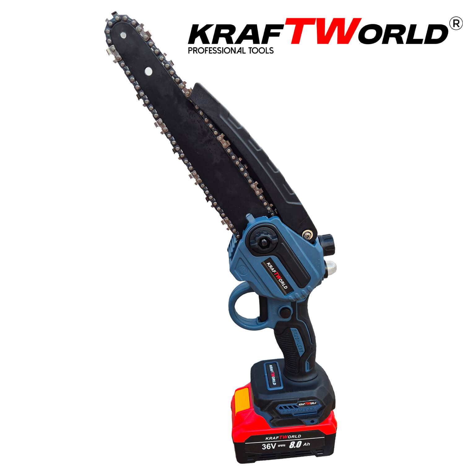 Мини резачка за клони KraftWorld 36V 8А с автоматично омасляване,две батерии и две вериги – снимка 4