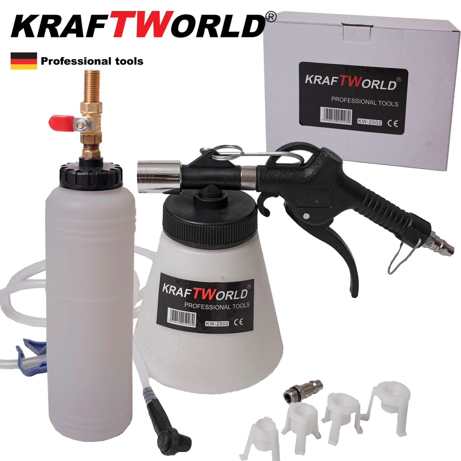 Немски Пневматичен комплект KraftWorld за смяна на спирачна течност и обезвъздушаване на спирачки и съединители