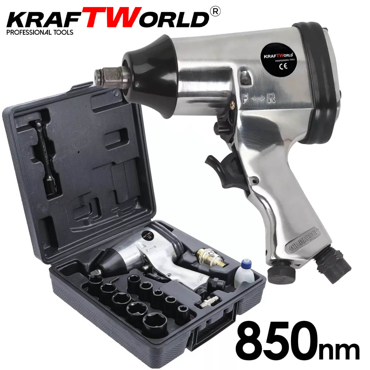 Гайковерт 1/2” 850нм комплект 17 части в куфар KraftWorld