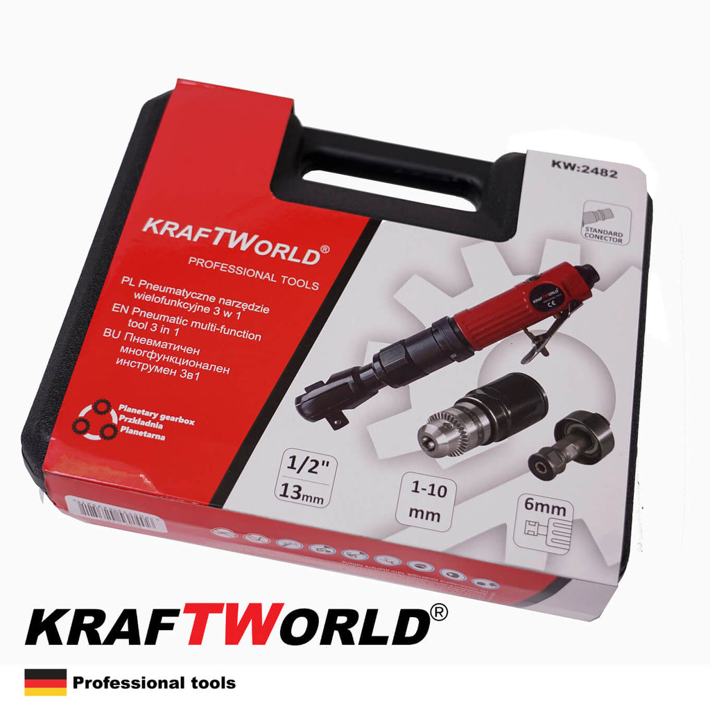 Немски Пневматичен многофункционален инструмент 3 в 1 KraftWOrld - Тресчотка, Бормашина, Шлифовалка 1/2'' – снимка 7