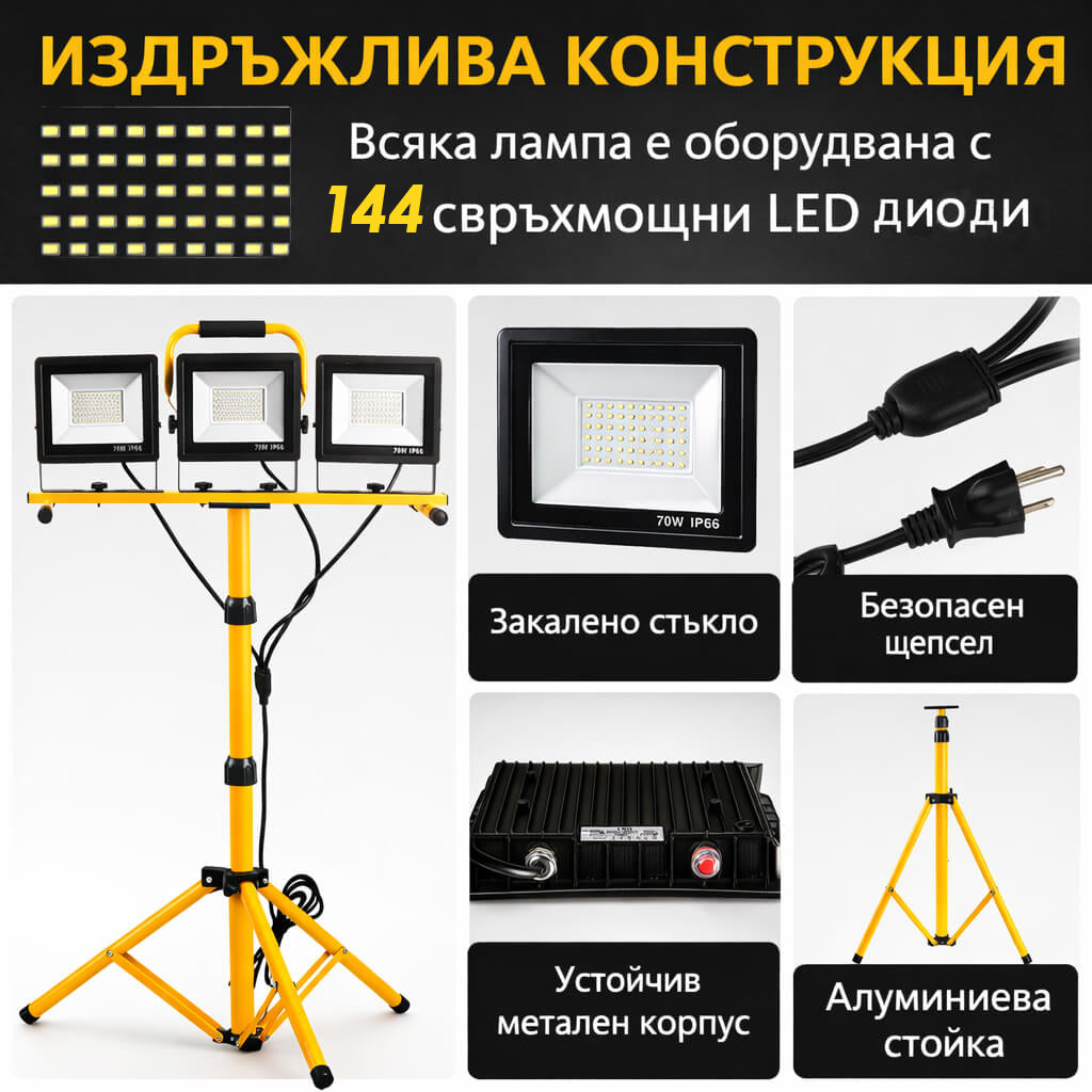 Троен LED прожектор на статив 30000 lm – строителна лампа 220V – снимка 4