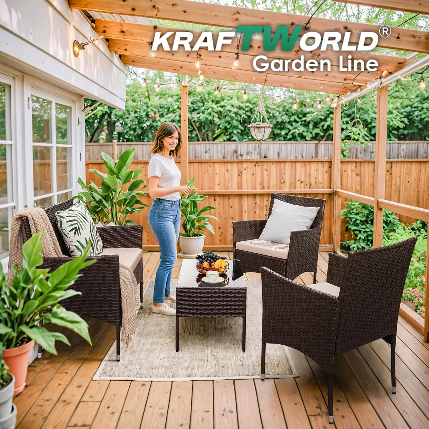 Луксозни Градински Мебели Kraftworld Garden – 2 кресла, диван и маса – Ратанов Комплект