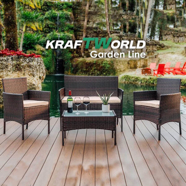Луксозни Градински Мебели Kraftworld Garden – 2 кресла, диван и маса – Ратанов Комплект – снимка 6