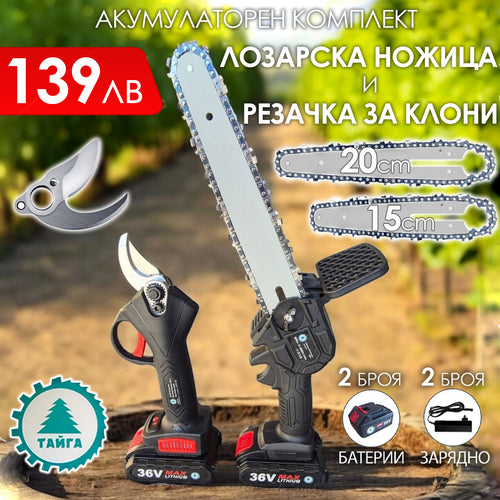 2в1 акумулаторен комплект Тайга: Лозарска ножица и трион с 2 шини и вериги