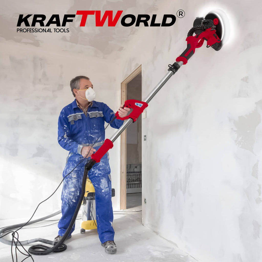 Шлайфмашина за стени и тавани KraftWorld – с кръгла LED глава,телескопично рамо,торба и 6 диска – снимка 2