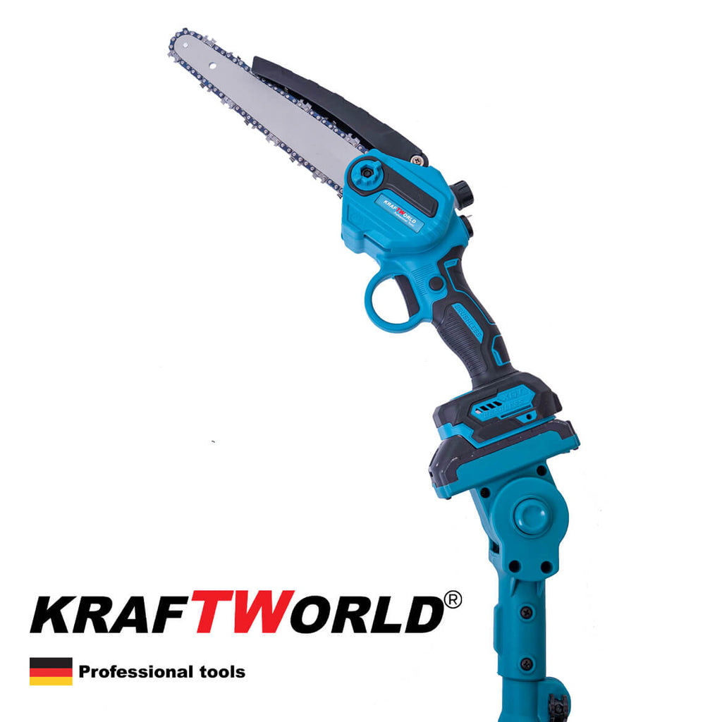Комплект Телескопичен Прът и Мини Резачка KraftWorld Акумулаторен трион за клони с омасляване на веригата, 2бр Батерии 38V 10