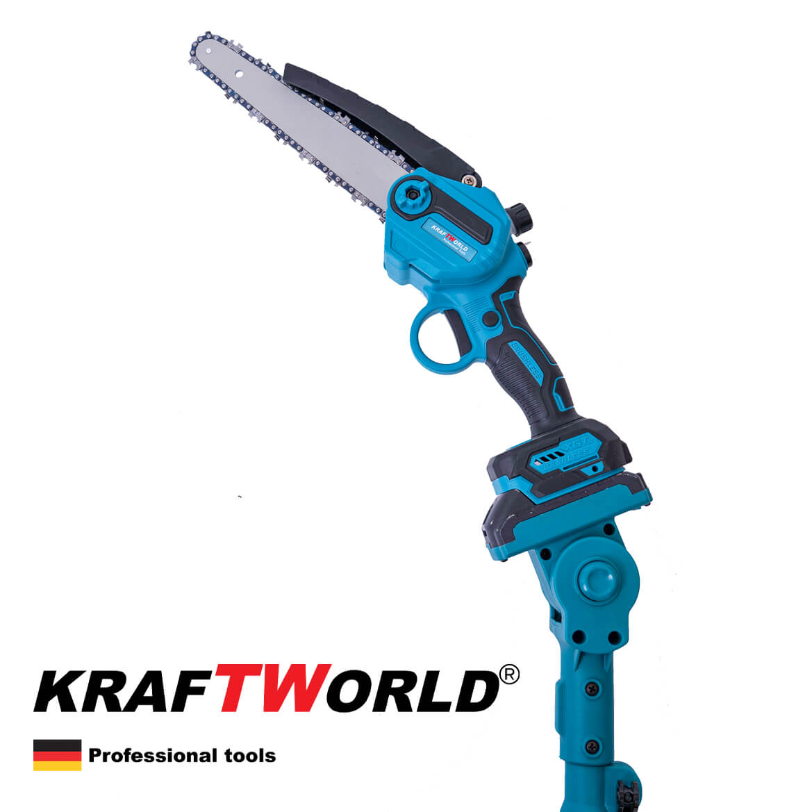Комплект Телескопичен Прът и Мини Резачка KraftWorld Акумулаторен трион за клони с омасляване на веригата, 2бр Батерии 38V 10