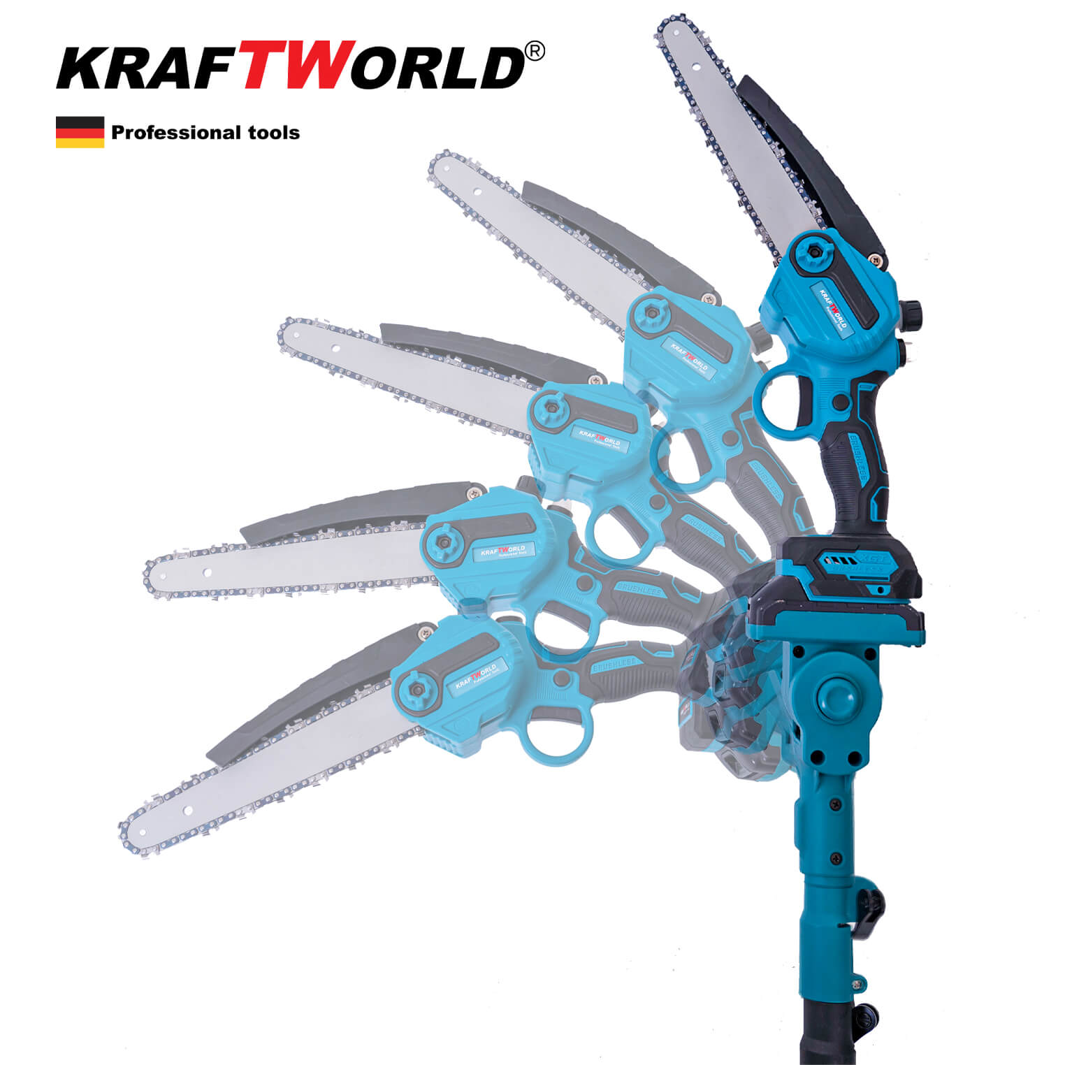 Комплект Телескопичен Прът и Мини Резачка KraftWorld Акумулаторен трион за клони с омасляване на веригата, 2бр Батерии 38V 10