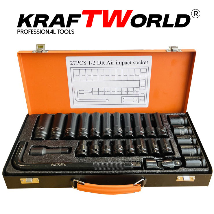 Комплект ударни вложки 27 части KraftWorld – 1/2″, с удължител и ударен кардан – снимка 2