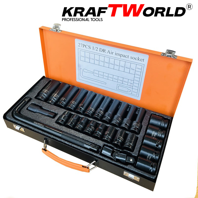 Комплект ударни вложки 27 части KraftWorld – 1/2″, с удължител и ударен кардан – снимка 3