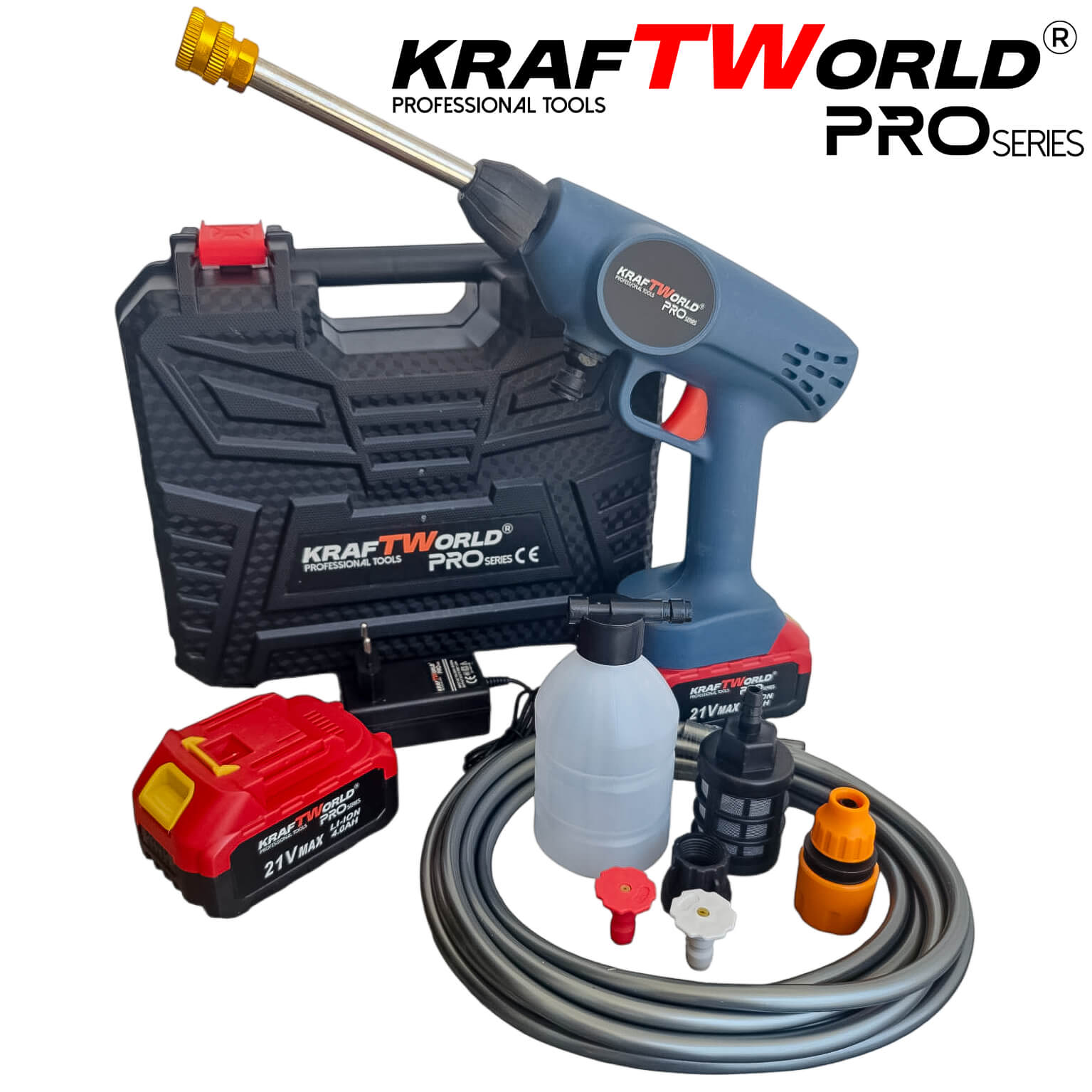 Акумулаторна Водоструйка KraftWorld с 2 Батерии Налягане 26 бара + Kонтейнер за Препарат и Аксесоари – снимка 2